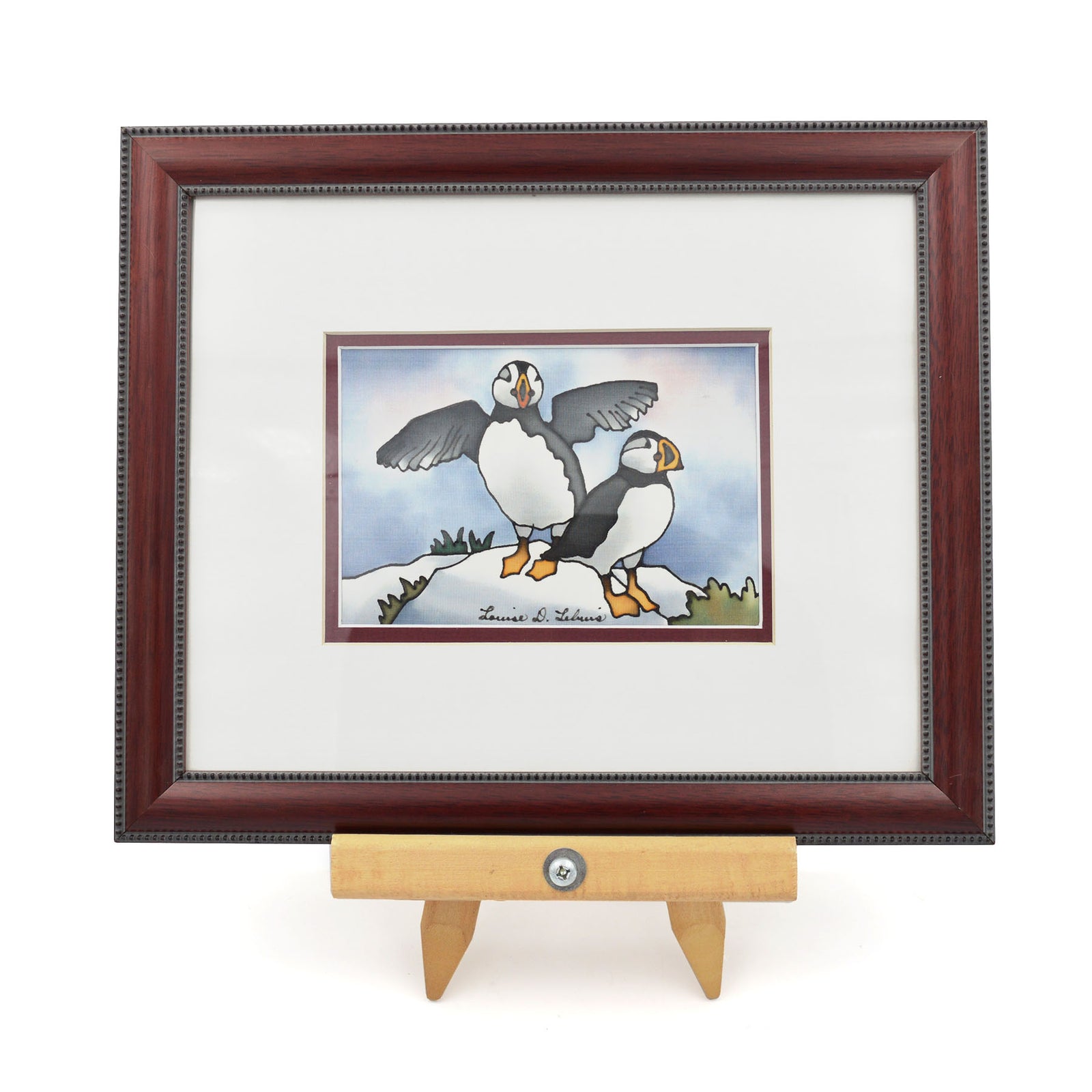 Couple de macareux peint sur soie